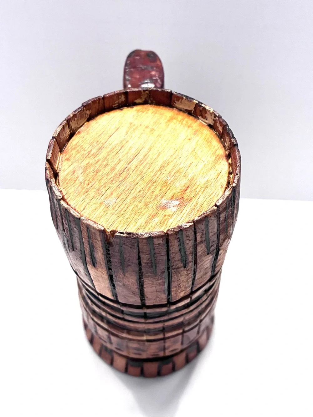 Vintage (1975) handmade, rustic wooden beer tankard
